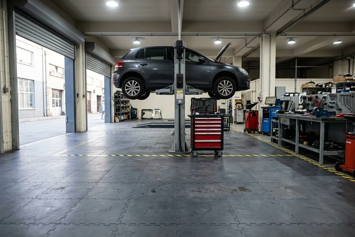 Ecotile PVC pod u auto-servisu, vozilo na dizalici