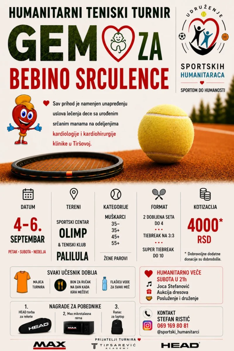 Plakat humanitarnog teniskog turnira GEM za Bebino srculence 2026 na Sportskom centru Olimp